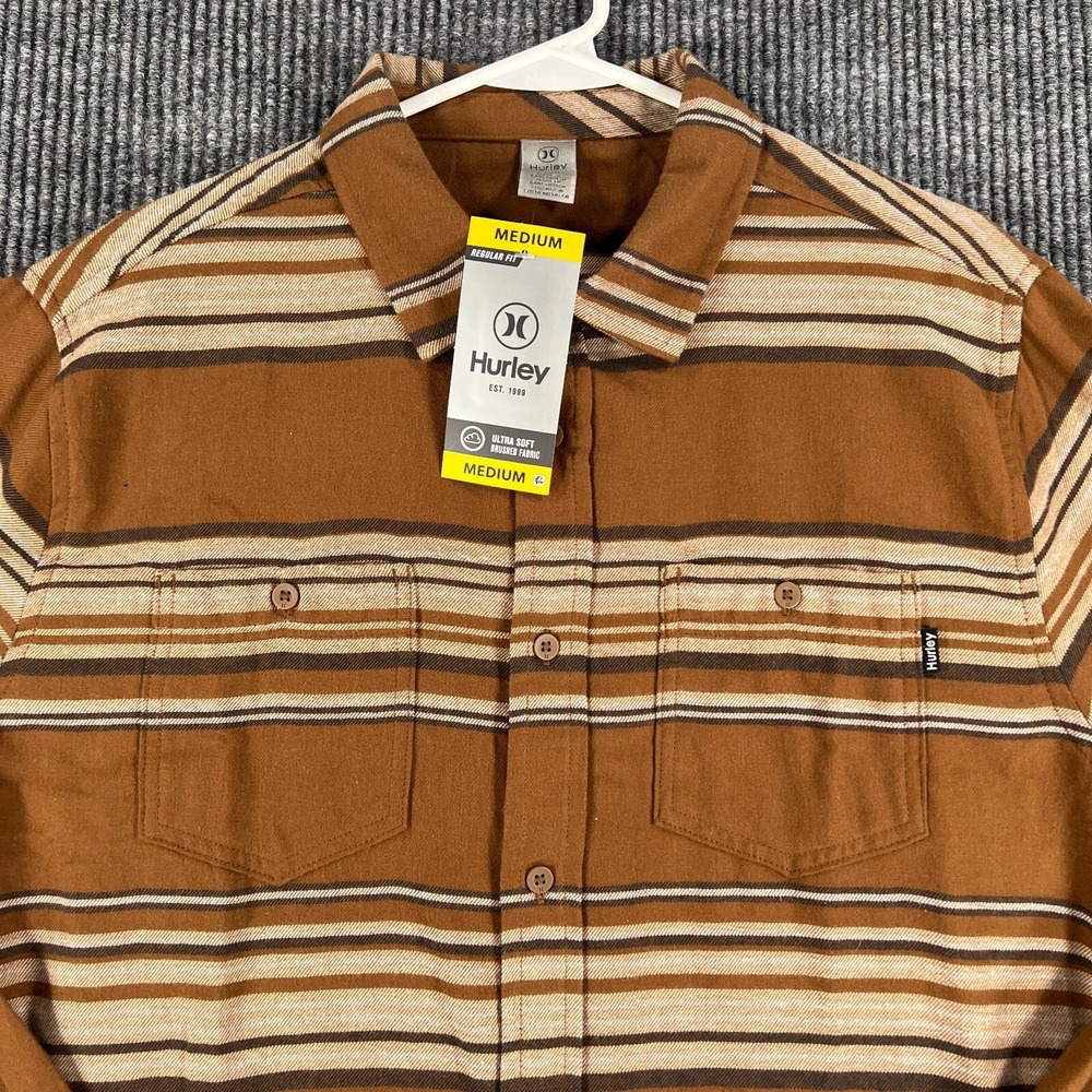 Hurley Shirt Mens Medium Brown Striped‎ Long Sleeve Button Up Casual Comfort New